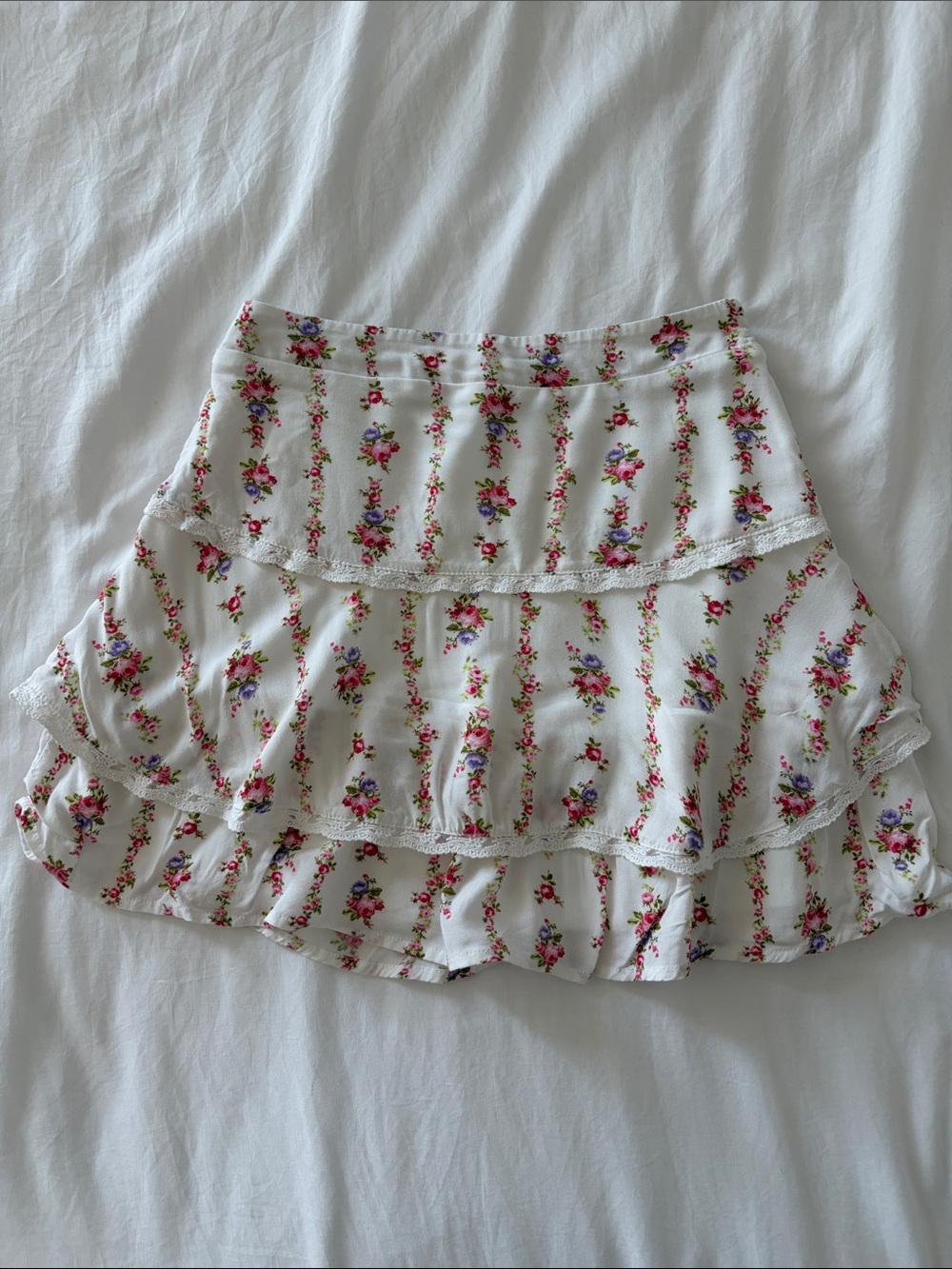 Altar'd State White Mini Skirt with Pink & Purple Floral Stripes